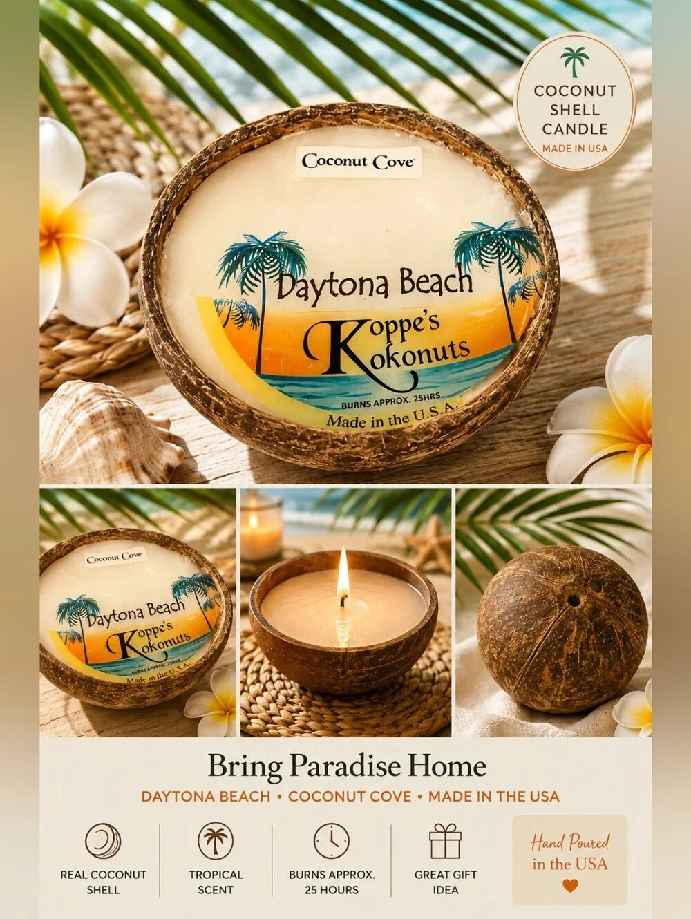 Koppe’s Kokonuts Daytona Beach Coconut Candle Tropical Decor USA Made